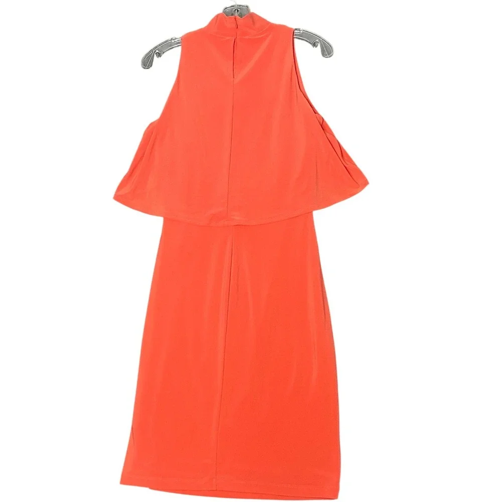 Lauren Ralph Lauren Coral Mock Neck Overlay Ruched Midi Dress Size 6 Cocktail